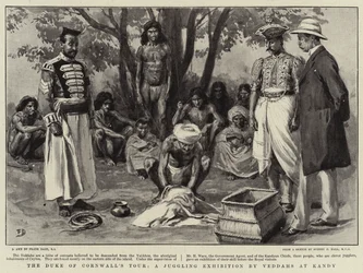 La tournée du duc de Cornouailles, une exposition de jonglage par les Veddahs à Kandy